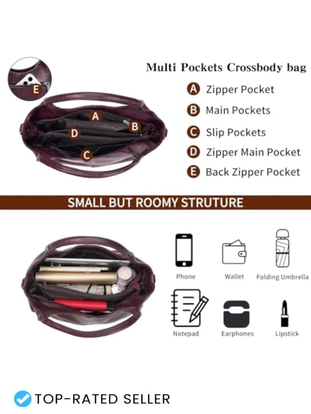 Soft Faux Leather Hobo Handbag Crossbody Satchel Tote with Top Handle